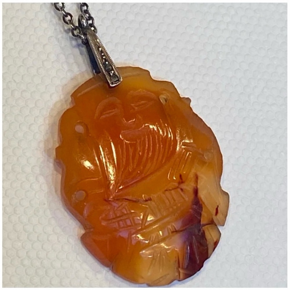Vintage Carnelian Agate Buddha Necklace with Marcasite